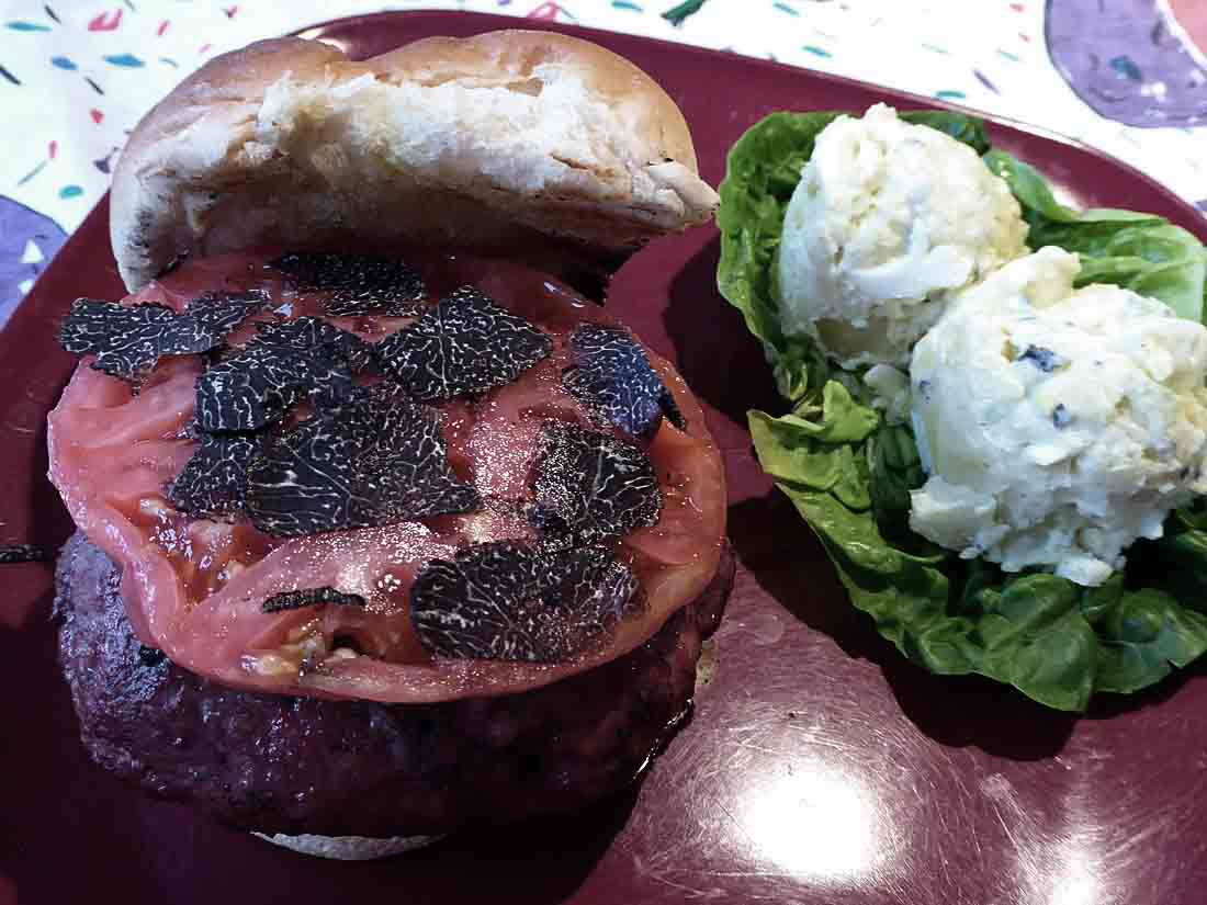 truffle burger and truffle aioli poyayo salad