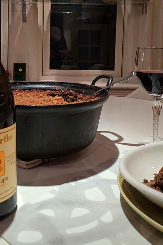 Turkey lentil cassoulet with 2012 Château La Nerthe from Châteauneuf-du-Pape