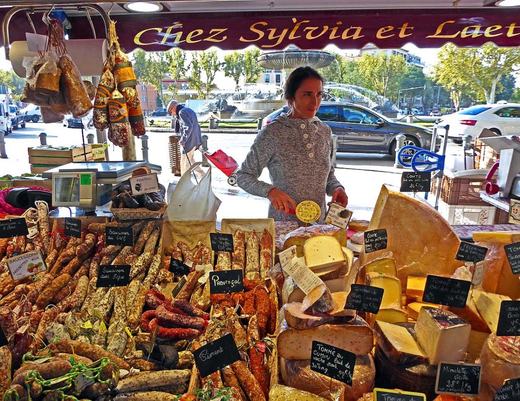 sausages and cheese at gourmet market in Aix-en-Provence